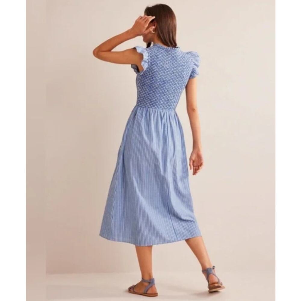 Boden Blue Smocked Stripe Midi Dress - Picture 2 of 11